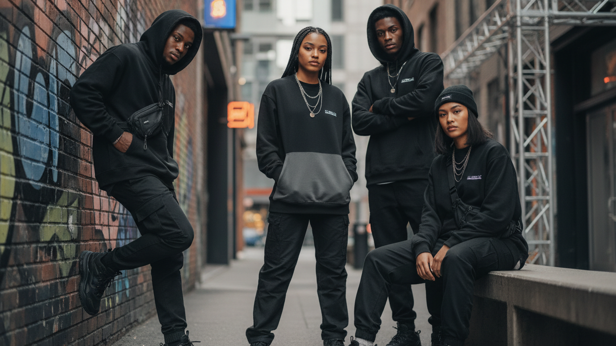 4 models guys & ladies, modelling hoodie in black and dark grey