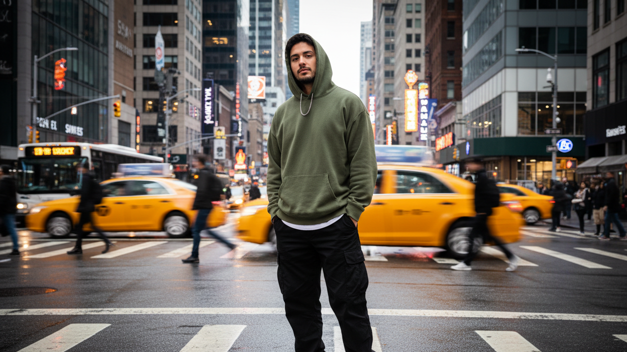 a guy in his mid 20s styling an oversixed hoodie in middle of busy street