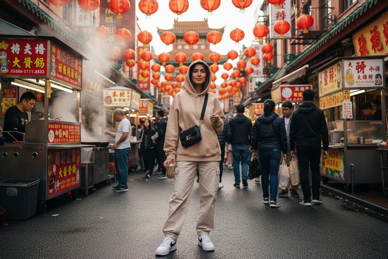 a lady in her mid 20s styling oversized hoodie with pants in beige colour. white air force shoes with black nike logo. the background is a busy street with food stalls like in chinatown