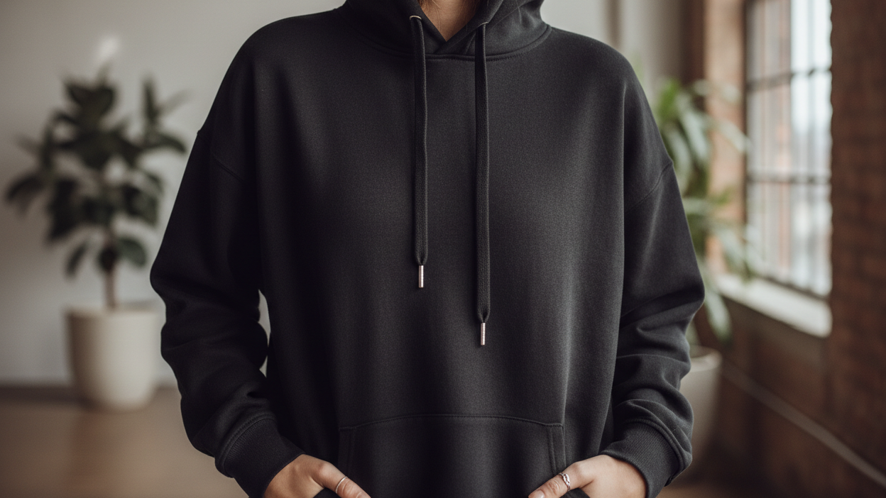 create an image of lady styled an oversized hoodie in black. but close up picture. ultra realistic and look very hd