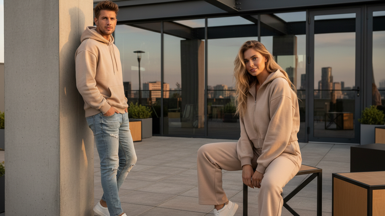 one guy & one lady styling hoodies in beige colour